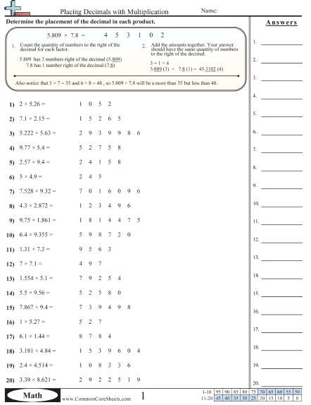 Decimal Worksheets - Placing Decimals with Multiplication  worksheet